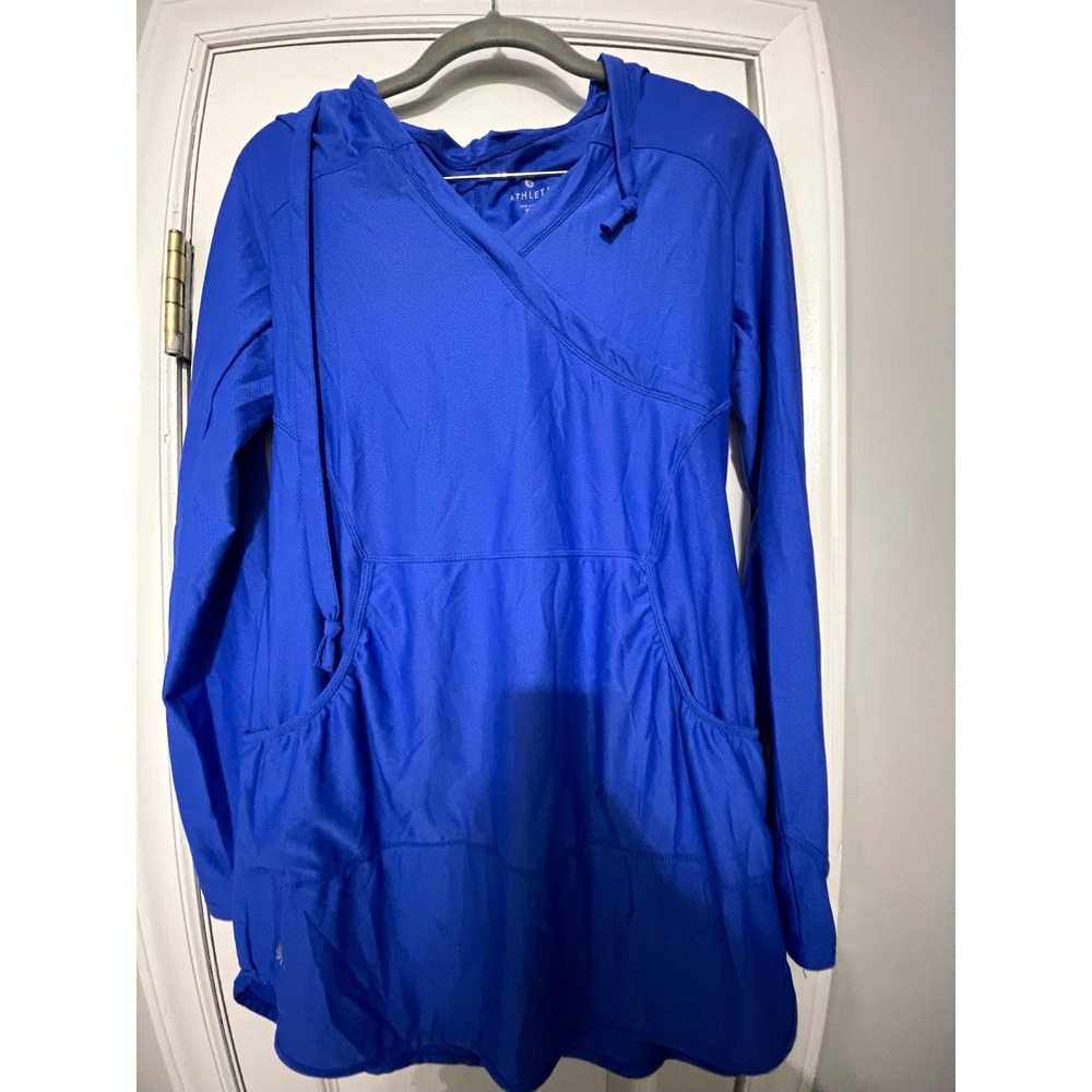 Athleta Women's Blue V-Neck Hooded Pullover Hoodie Pockets Solid XS